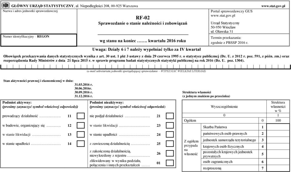 kwartału 2016 roku Uwaga: Działy 6 i 7 należy wypełniać tylko za IV kwartał Portal sprawozdawczy GUS www.stat.gov.pl Urząd Statystyczny 50-950 Wrocław ul.