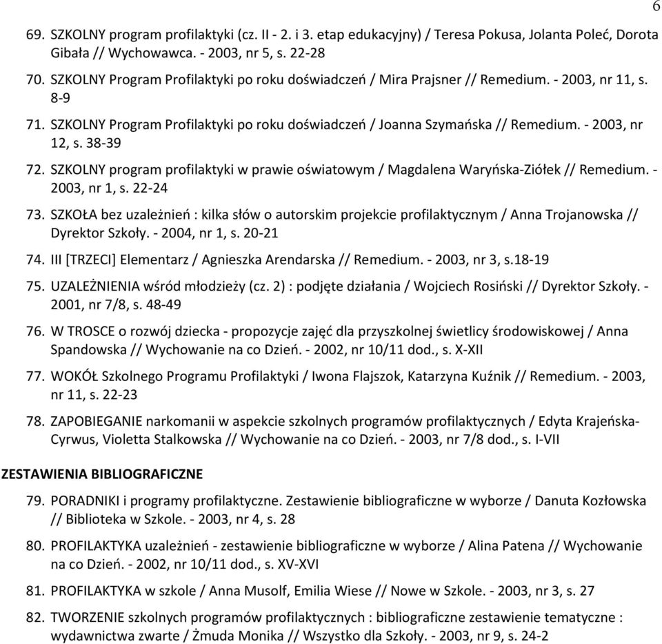 - 2003, nr 12, s. 38-31 72. SZKOLNY program profilaktyki w prawie oświatowym / Magdalena Waryńska-Ziółek // Remedium. - 2003, nr 1, s. 22-24 73.