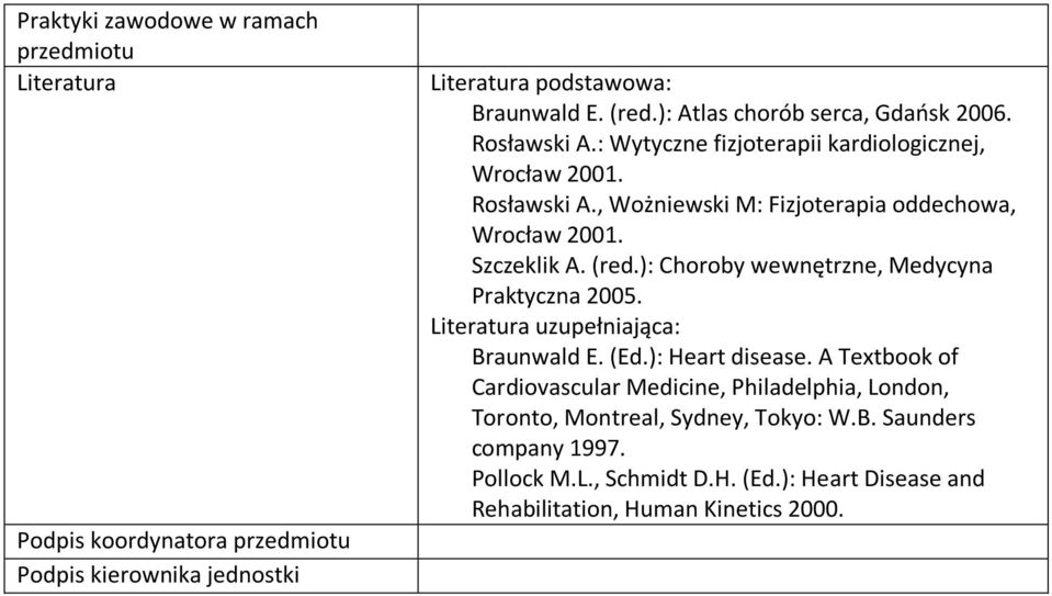 Szczeklik A. (red.): Choroby wewnętrzne, Medycyna Praktyczna 005. Literatura uzupełniająca: Braunwald E. (Ed.): Heart disease.