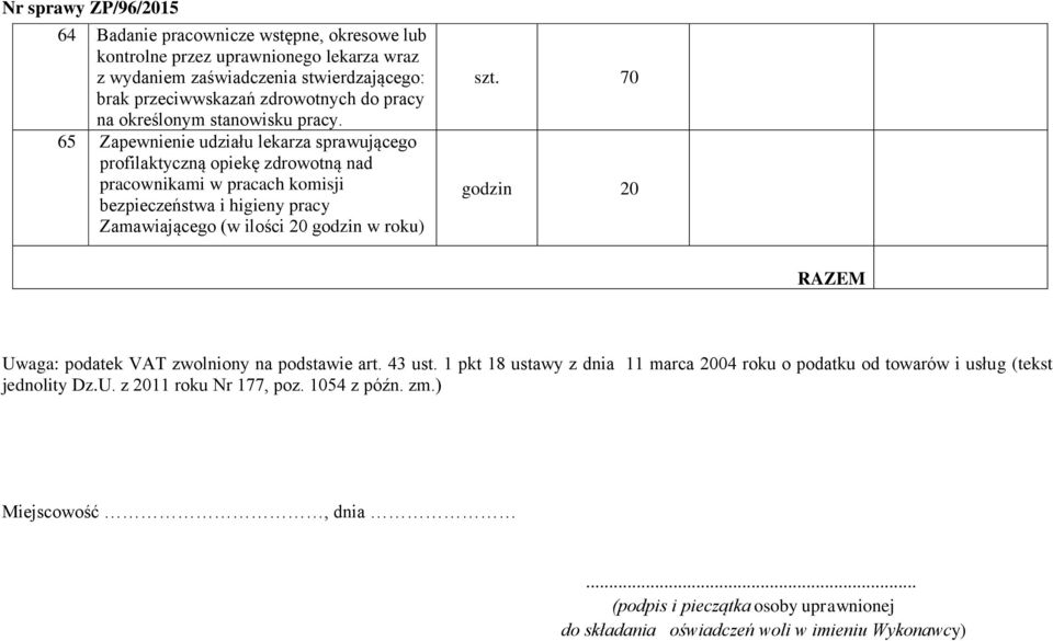 65 Zapewnienie udziału lekarza sprawującego profilaktyczną opiekę zdrowotną nad pracownikami w pracach komisji bezpieczeństwa i higieny pracy Zamawiającego (w ilości 20 godzin w