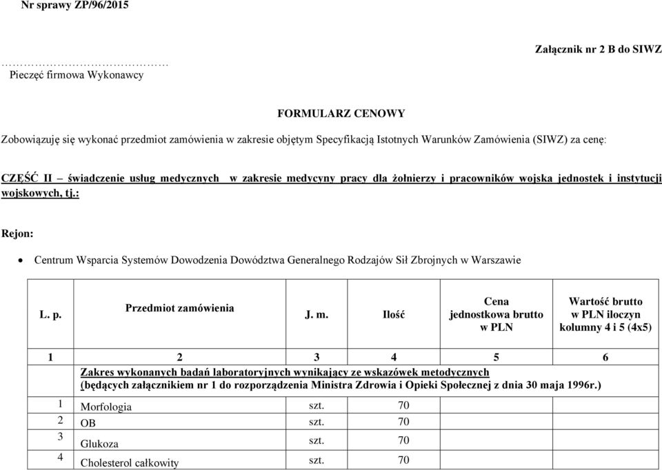 : Rejon: Centrum Wsparcia Systemów Dowodzenia Dowództwa Generalnego Rodzajów Sił Zbrojnych w Warszawie L. p. Przedmiot zamówienia J. m.