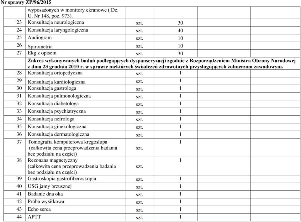 w sprawie niektórych świadczeń zdrowotnych przysługujących żołnierzom zawodowym. 28 Konsultacja ortopedyczna szt. 1 29 Konsultacja kardiologiczna szt. 1 30 Konsultacja gastrologa szt.