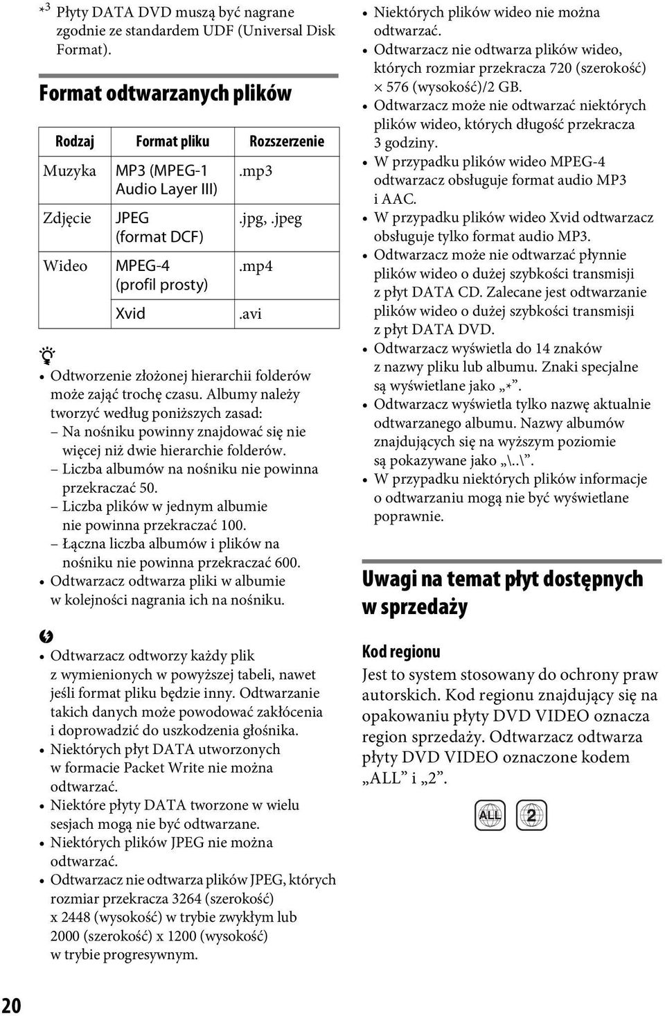 Albumy należy tworzyć według poniższych zasad: Na nośniku powinny znajdować się nie więcej niż dwie hierarchie folderów. Liczba albumów na nośniku nie powinna przekraczać 50.