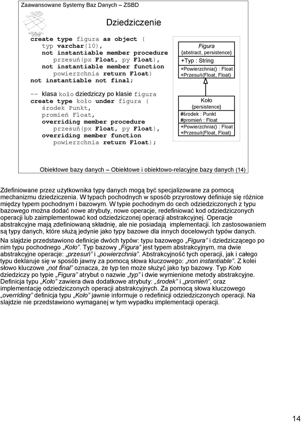 member function powierzchnia return Float); Figura {abstract, persistence} +Typ : String +Powierzchnia() : Float +Przesuń(Float, Float) Koło {persistence} #środek : Punkt #promień : Float