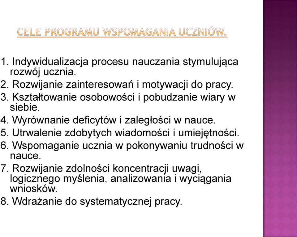 Utrwalenie zdobytych wiadomości i umiejętności. 6. Wspomaganie ucznia w pokonywaniu trudności w nauce. 7.