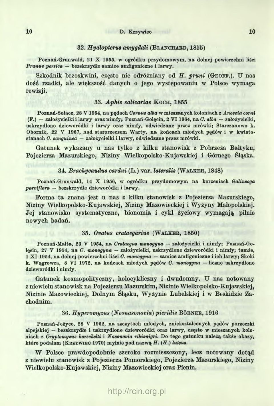 Szkodnik brzoskwini, często nie odróżniany od H. pruni (Ge o f f.). U nas dość rzadki, ale większość danych o jego występowaniu w Polsce wymaga rewizji. 33.