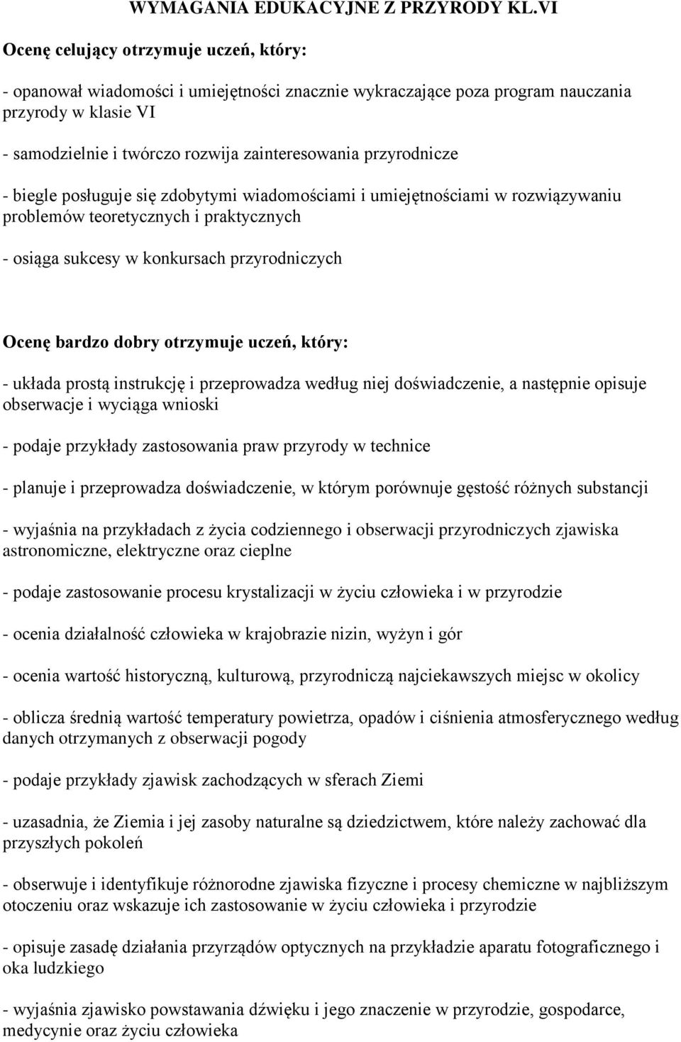 przyrodnicze - biegle posługuje się zdobytymi wiadomościami i umiejętnościami w rozwiązywaniu problemów teoretycznych i praktycznych - osiąga sukcesy w konkursach przyrodniczych Ocenę bardzo dobry