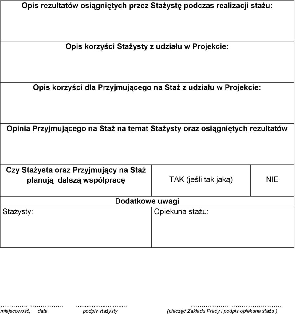 osiągniętych rezultatów Czy Stażysta oraz Przyjmujący na Staż planują dalszą współpracę TAK (jeśli tak jaką) NIE