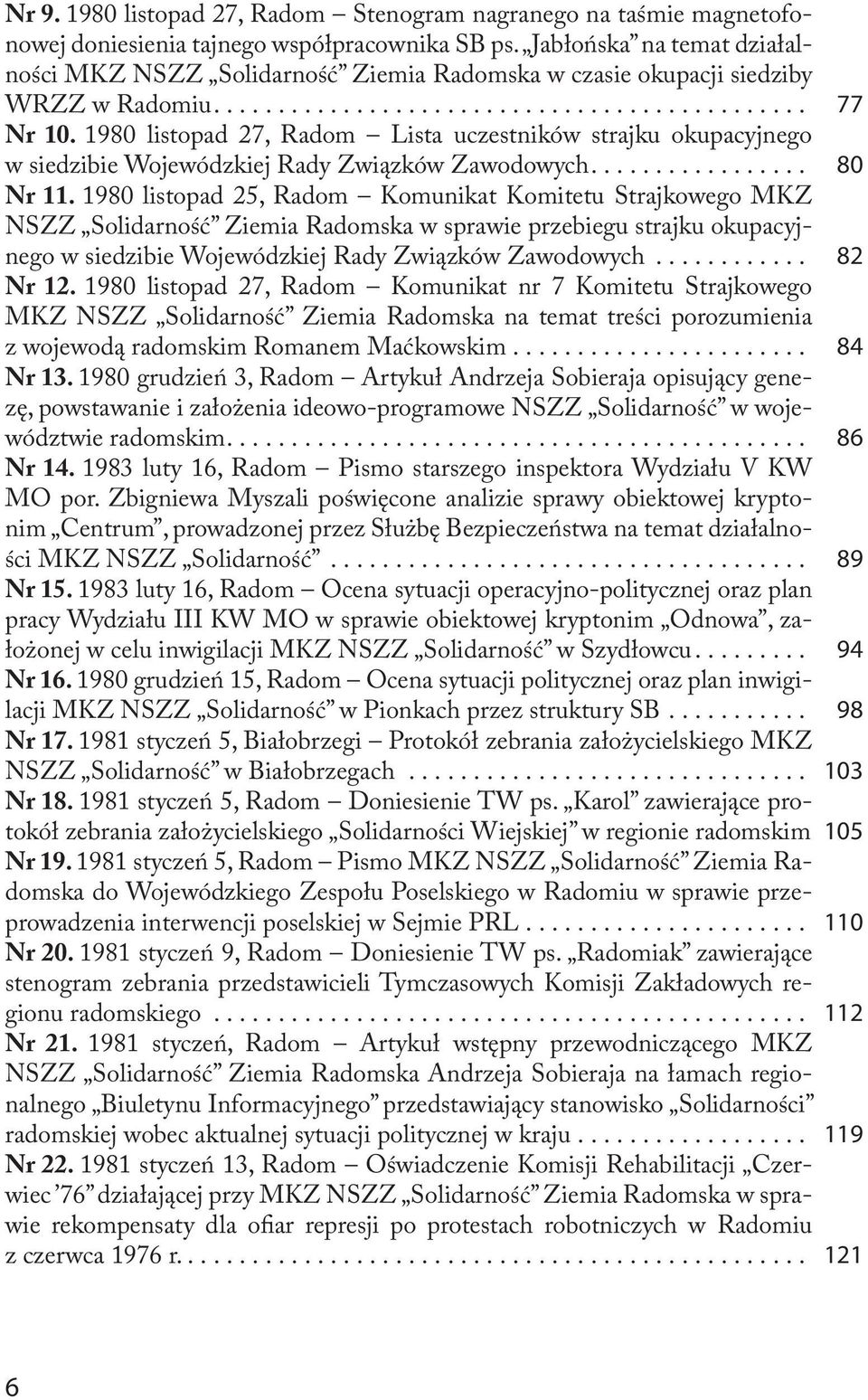 1980 listopad 27, Radom Lista uczestników strajku okupacyjnego w siedzibie Wojewódzkiej Rady Związków Zawodowych................. 80 Nr 11.