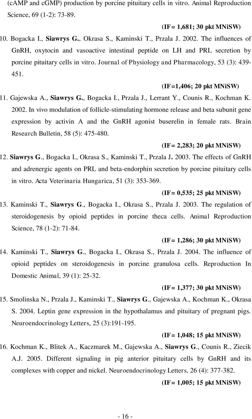 (IF=1,406; 20 pkt MNiSW) 11. Gajewska A., Siawrys G., Bogacka I., Przala J., Lerrant Y., Counis R., Kochman K. 2002.