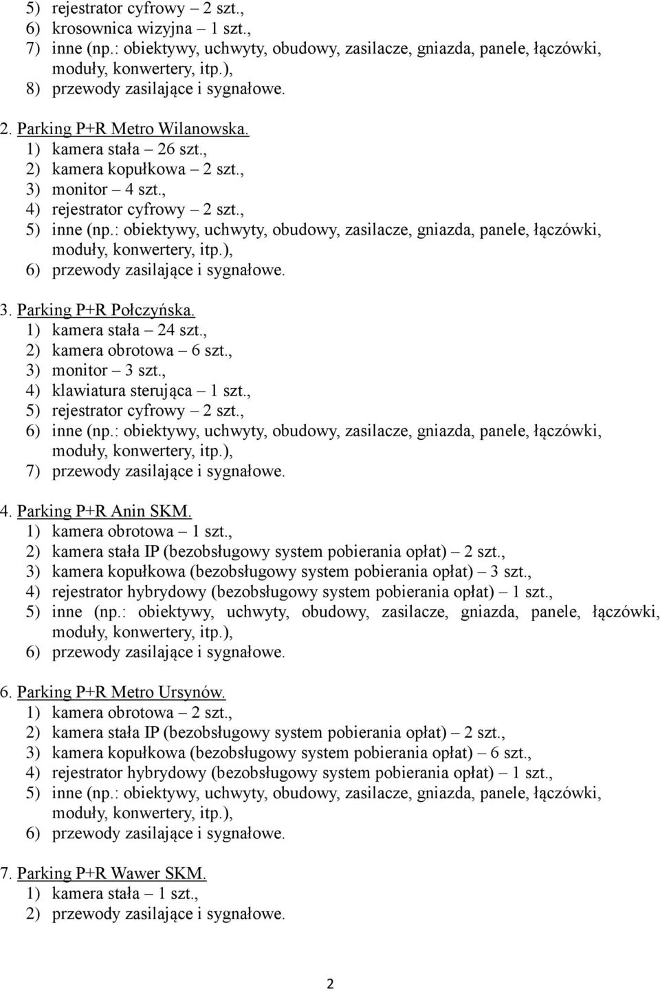 : obiektywy, uchwyty, obudowy, zasilacze, gniazda, panele, łączówki, moduły, konwertery, itp.), 6) przewody zasilające i sygnałowe. 3. Parking P+R Połczyńska. 1) kamera stała 24 szt.