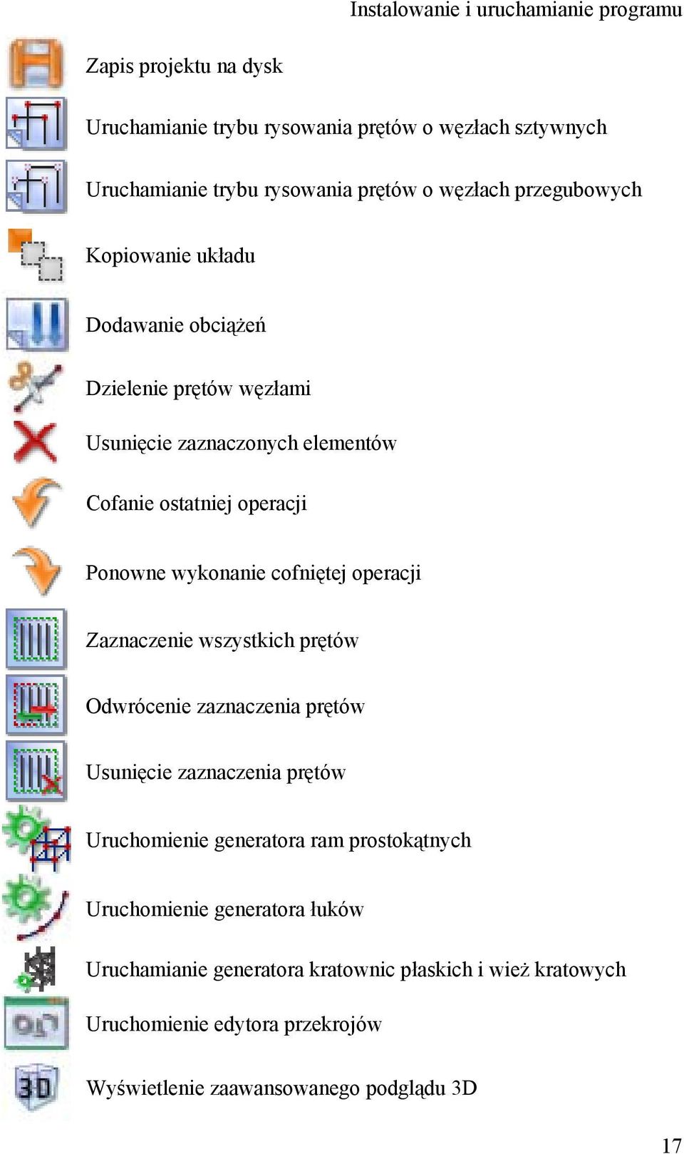 wykonanie cofniętej operacji Zaznaczenie wszystkich prętów Odwrócenie zaznaczenia prętów Usunięcie zaznaczenia prętów Uruchomienie generatora ram