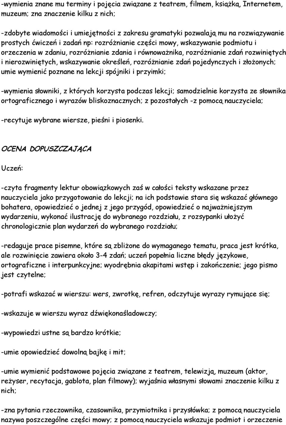 wskazywanie określeń, rozróżnianie zdań pojedynczych i złożonych; umie wymienić poznane na lekcji spójniki i przyimki; -wymienia słowniki, z których korzysta podczas lekcji; samodzielnie korzysta ze