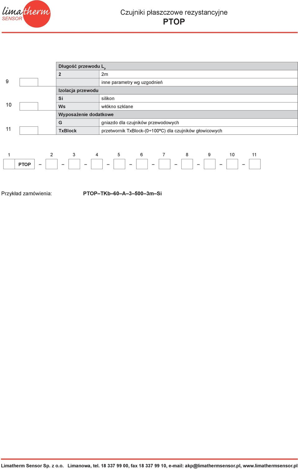 głowicowych 2 3 4 5 6 7 8 9 0 Przykła zamówienia: TKb 60 A 3 500 3m Si imatherm Sensor Sp.