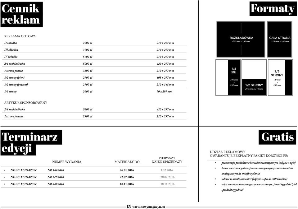 105 mm x 297 mm 1/2 strony 210 mm x 148 mm 1/3 STRONY 70 mm x 297 mm ARTYKUŁ SPONSOROWANY 2/1 rozkładówka 5000 zł 420 x 297 mm 1 strona prawa 2900 zł 210 x 297 mm Terminarz edycji Numer wydania