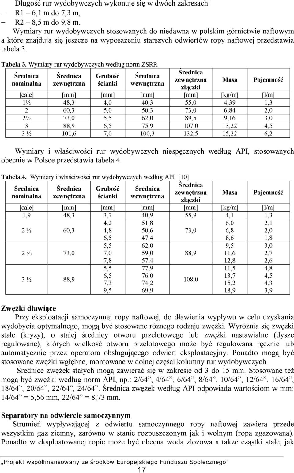 Wymiary rur wydobywczych według norm ZSRR Średnica nominalna Średnica zewnętrzna Grubość ścianki Średnica wewnętrzna Średnica zewnętrzna złączki Masa Pojemność [cale] [mm] [mm] [mm] [mm] [kg/m] [l/m]