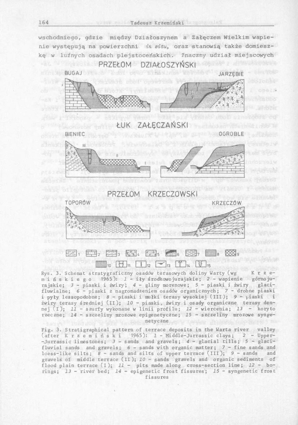 S c h e m a t s t r a t y g r a f i c z n y o s a d ó w t e r a s o w y c h d o l i n y W a r t y ( w g K r z e m i ń s k i e g o 1 9 6 5 ) : 1 - i ł y ś r o d k o w o j u r a j s k i e ; 2 - w a p i