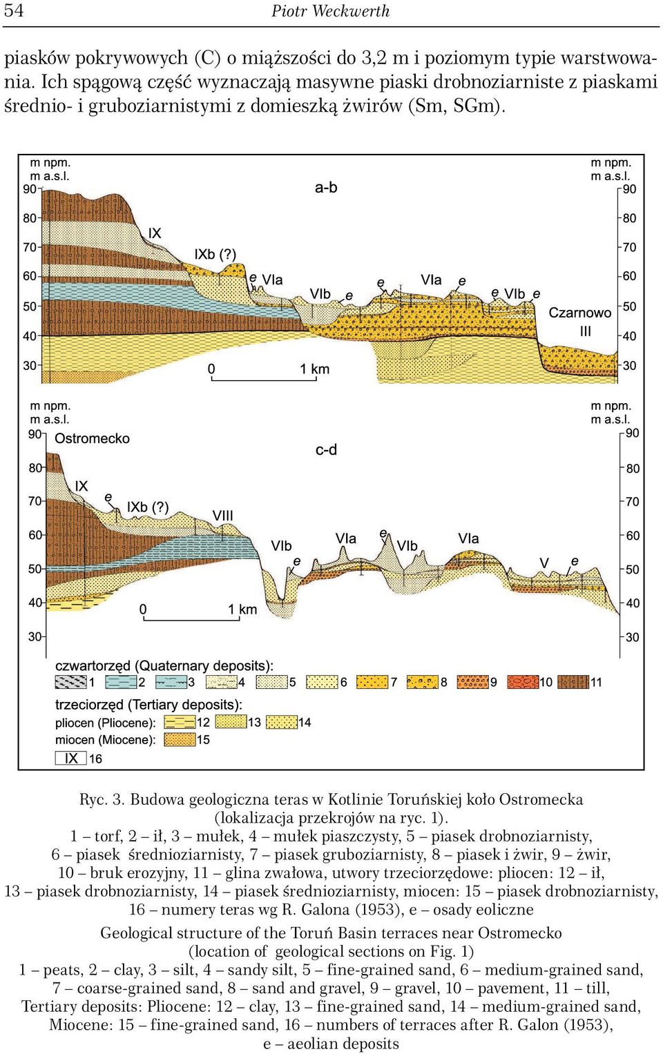 Budowa geologiczna teras w Kotlinie Toruńskiej koło Ostromecka (lokalizacja przekrojów na ryc. 1).