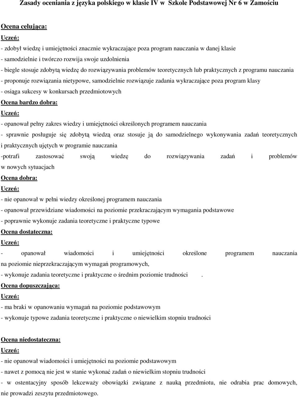 samodzielnie rozwiązuje zadania wykraczające poza program klasy - osiąga sukcesy w konkursach przedmiotowych Ocena bardzo dobra: - opanował pełny zakres wiedzy i umiejętności określonych programem