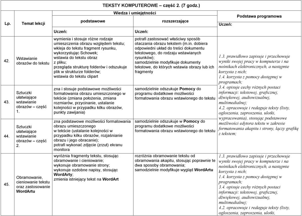 Obramowanie, cieniowanie tekstu oraz zastosowanie WordArtu wymienia i stosuje różne rodzaje umieszczenia obrazu względem tekstu; wkleja do tekstu fragment rysunku, wykorzystując Schowek; wstawia do