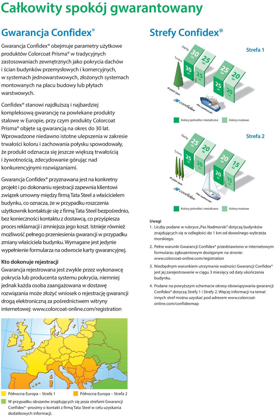 Strefy Confidex Ściany Dachy 30 30 25 25 25 25 20 20 Strefa 1 W głębi lądu Pas nadmorski Confidex stanowi najdłuższą i najbardziej kompleksową gwarancję na powlekane produkty stalowe w Europie, przy