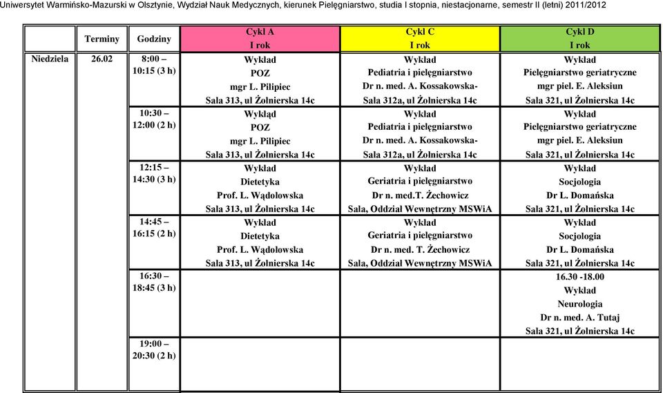 Aleksiun Sala 312a, Krajewska ul Żołnierska 14c Dietetyka Geriatria i pielęgniarstwo Socjologia Prof. L. Wądołowska Dr n. geriatryczne med.t. Żechowicz Dr L.