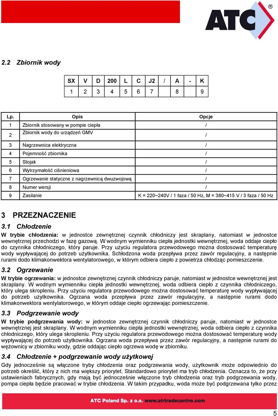 z nagrzewnicą dwuzwojową / 8 Numer wersji / 9 Zasilanie K = 220~240V / 1 faza / 50 Hz, M = 380~415 V / 3 faza / 50 Hz 3 PRZEZNACZENIE 3.