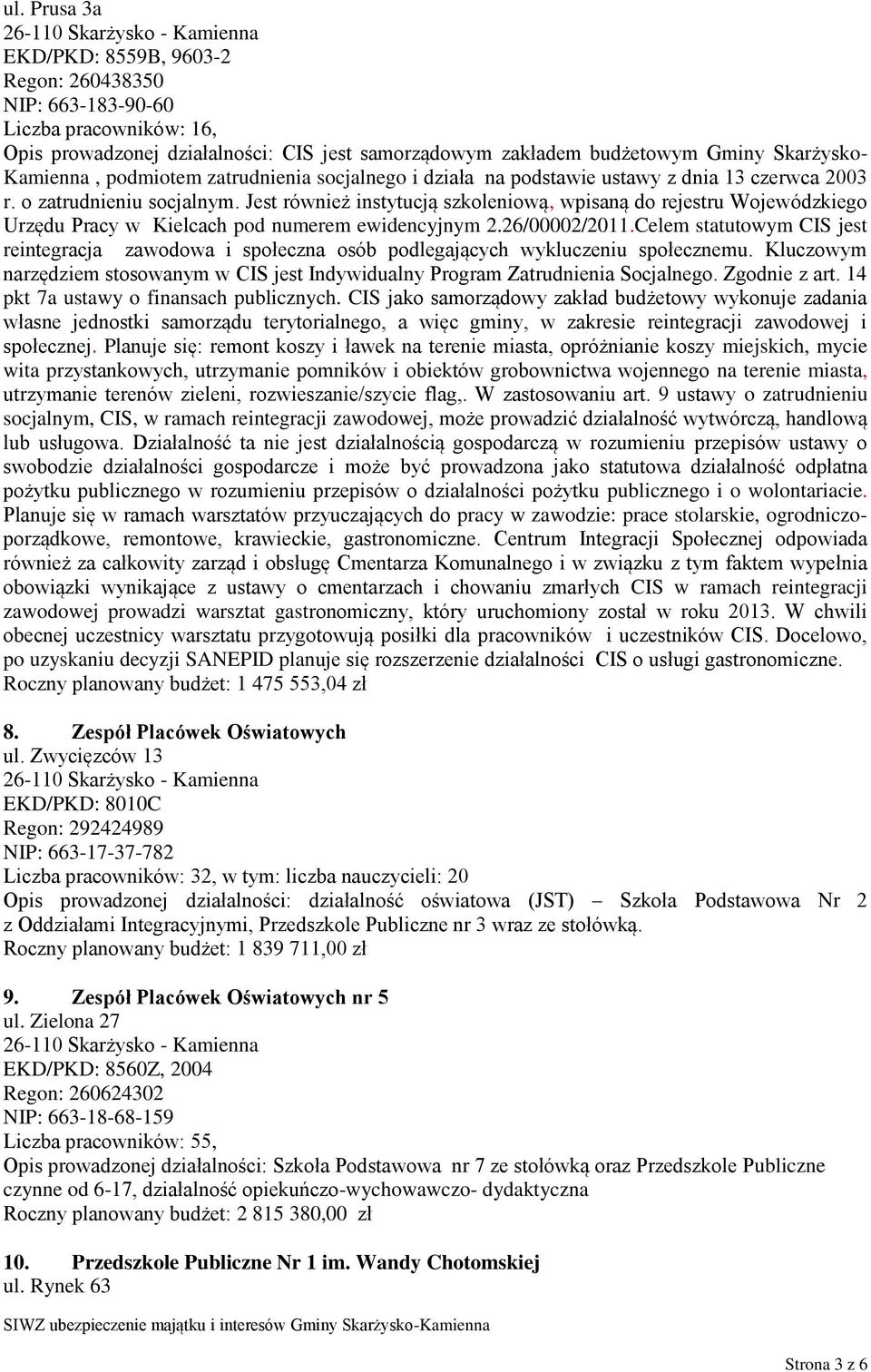 Jest również instytucją szkoleniową, wpisaną do rejestru Wojewódzkiego Urzędu Pracy w Kielcach pod numerem ewidencyjnym 2.26/00002/2011.