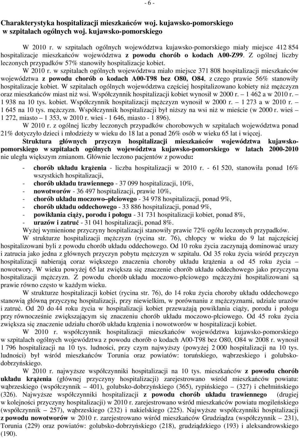 Z ogólnej liczby leczonych przypadków 57% stanowiły hospitalizacje kobiet. W 2010 r.