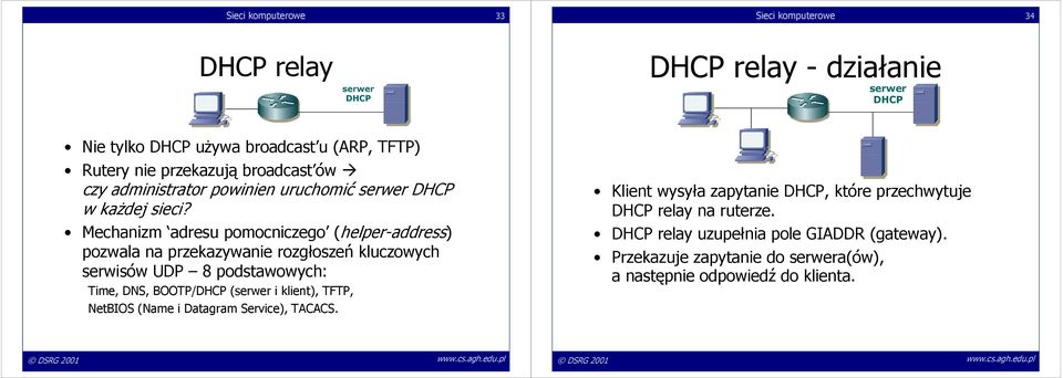 Mechanizm adresu pomocniczego (helper-address) pozwala na przekazywanie rozgłoszeń kluczowych serwisów UDP 8 podstawowych: Time, DNS, BOOTP/