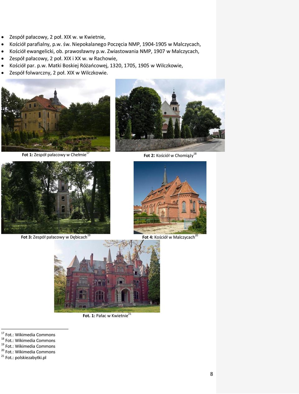 Fot 1: Zespół pałacowy w Chełmie 17 Fot 2: Kościół w Chomiąży 18 Fot 3: Zespół pałacowy w Dębicach 19 Fot 4: Kościół w Malczycach 20 Fot.