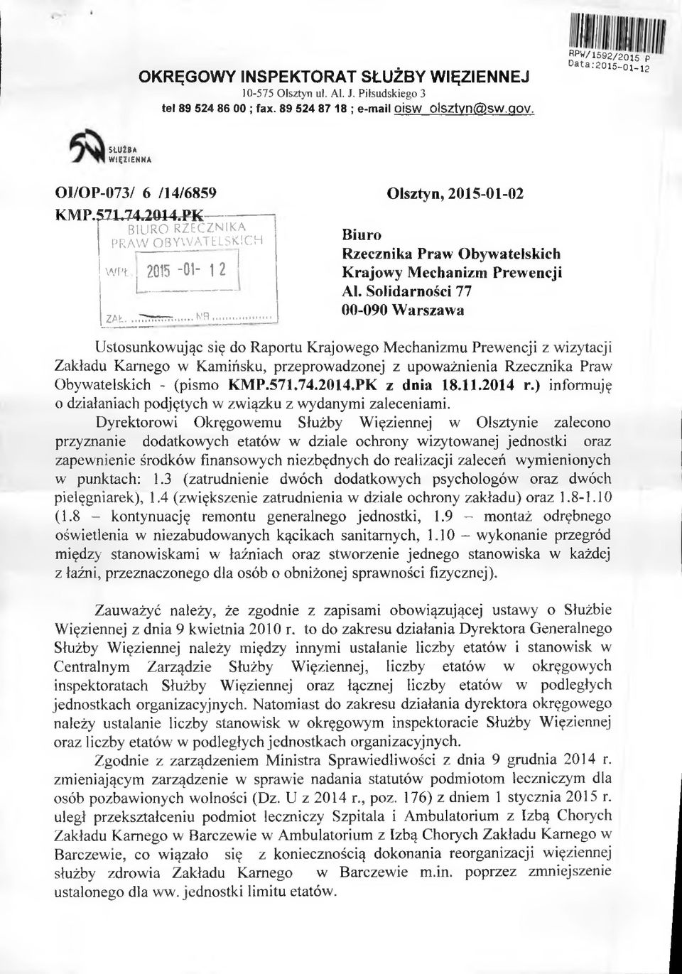 .^'R, Olsztyn, 2015-01-02 Biuro Rzecznika Praw Obywatelskich Krajowy Mechanizm Prewencji Al.
