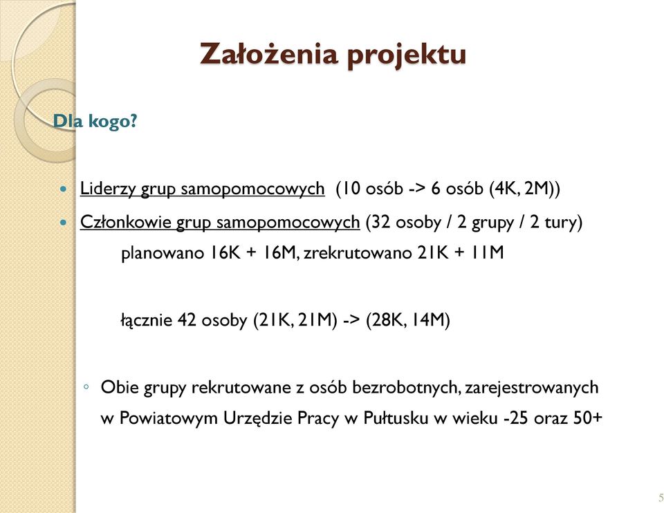 (32 osoby / 2 grupy / 2 tury) planowano 16K + 16M, zrekrutowano 21K + 11M łącznie 42