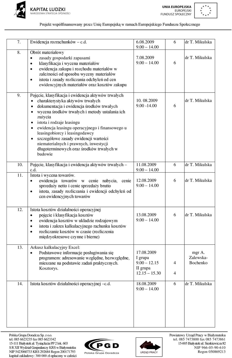 cen ewidencyjnych materiałów oraz kosztów zakupu 7.08.2009 9.00 1.00 6 dr T. Mikulska 9.