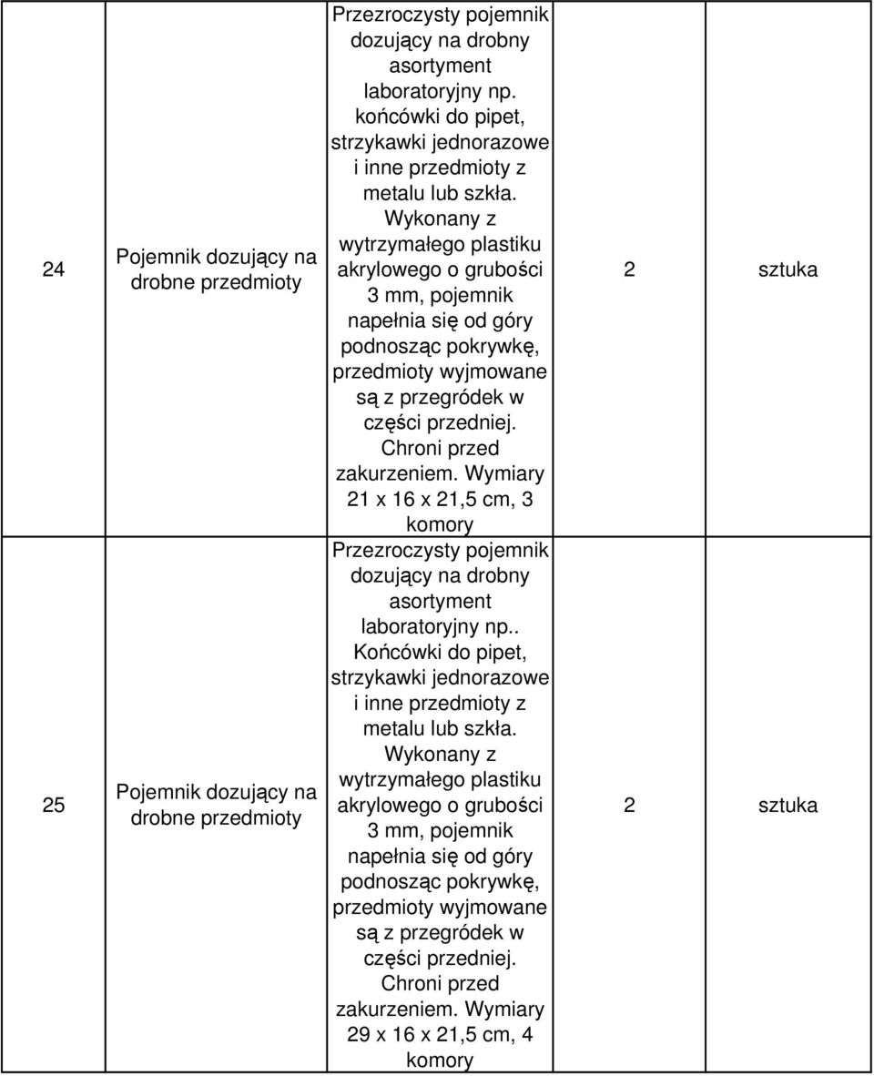 Wykonany z wytrzymałego plastiku akrylowego o grubości 3 mm, pojemnik napełnia się od góry podnosząc pokrywkę, przedmioty wyjmowane są z przegródek w części przedniej. Chroni przed zakurzeniem.