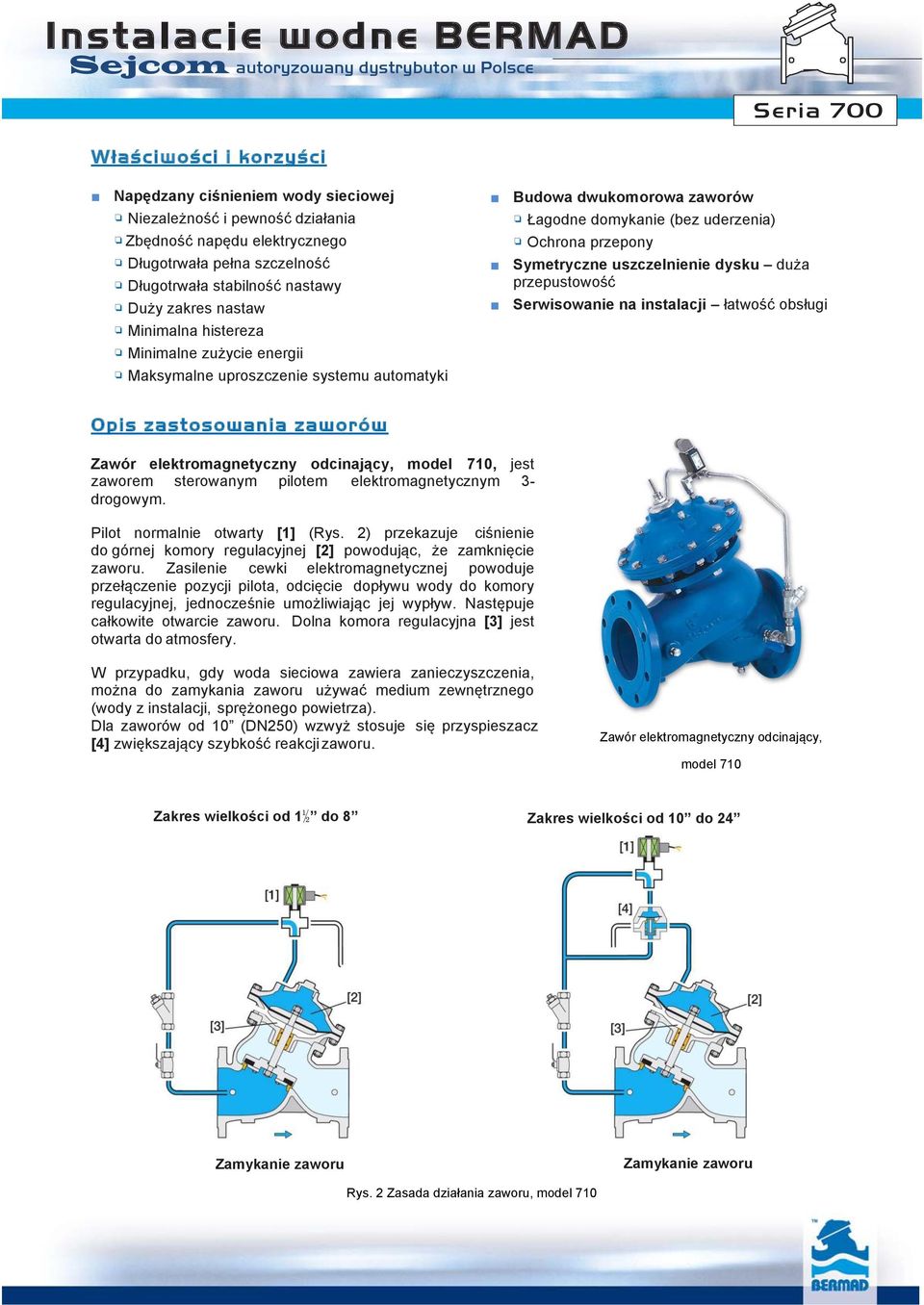 Symetryczne uszczelnienie dysku duża przepustowość Serwisowanie na instalacji łatwość obsługi Opis zastosowania zaworów Zawór elektromagnetyczny odcinający, model 710, jest zaworem sterowanym pilotem