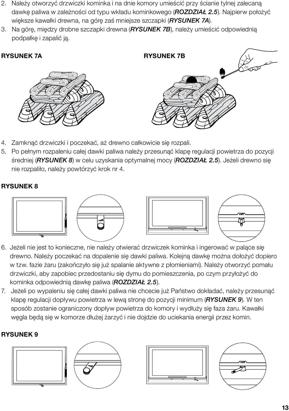 rysunek 7A rysunek 7B 4. Zamknąć drzwiczki i poczekać, aż drewno całkowicie się rozpali. 5.