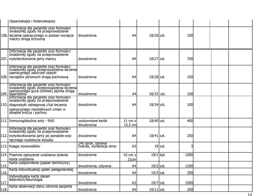narządów płciowych drogą pochwową dwustronna A4 18/28 szt. 100 świadomej zgody przeprowadzenia leczenia operacyjnego guza (torbieli) jajnika drogą 109.