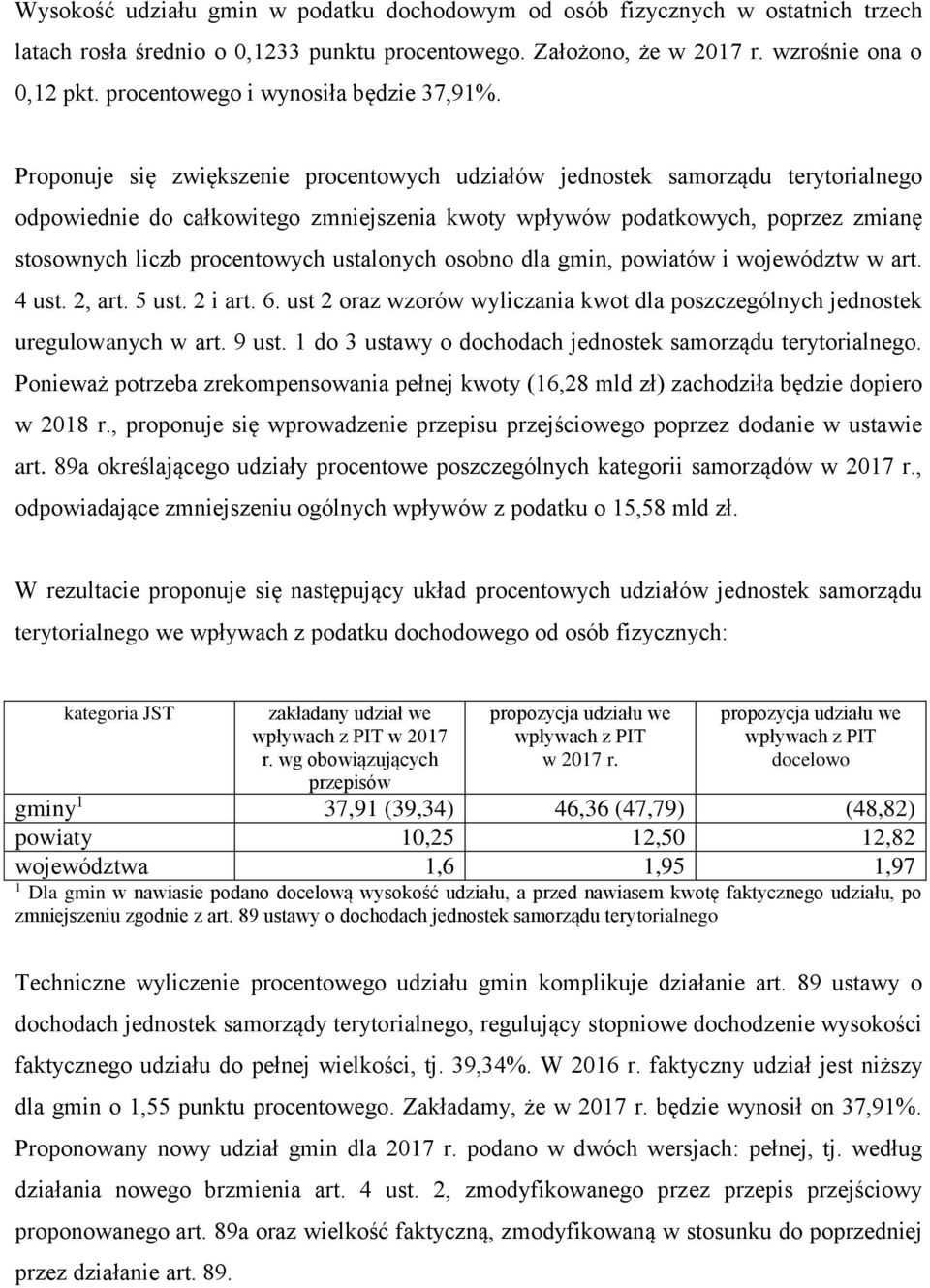 Proponuje się zwiększenie procentowych udziałów jednostek samorządu terytorialnego odpowiednie do całkowitego zmniejszenia kwoty wpływów podatkowych, poprzez zmianę stosownych liczb procentowych