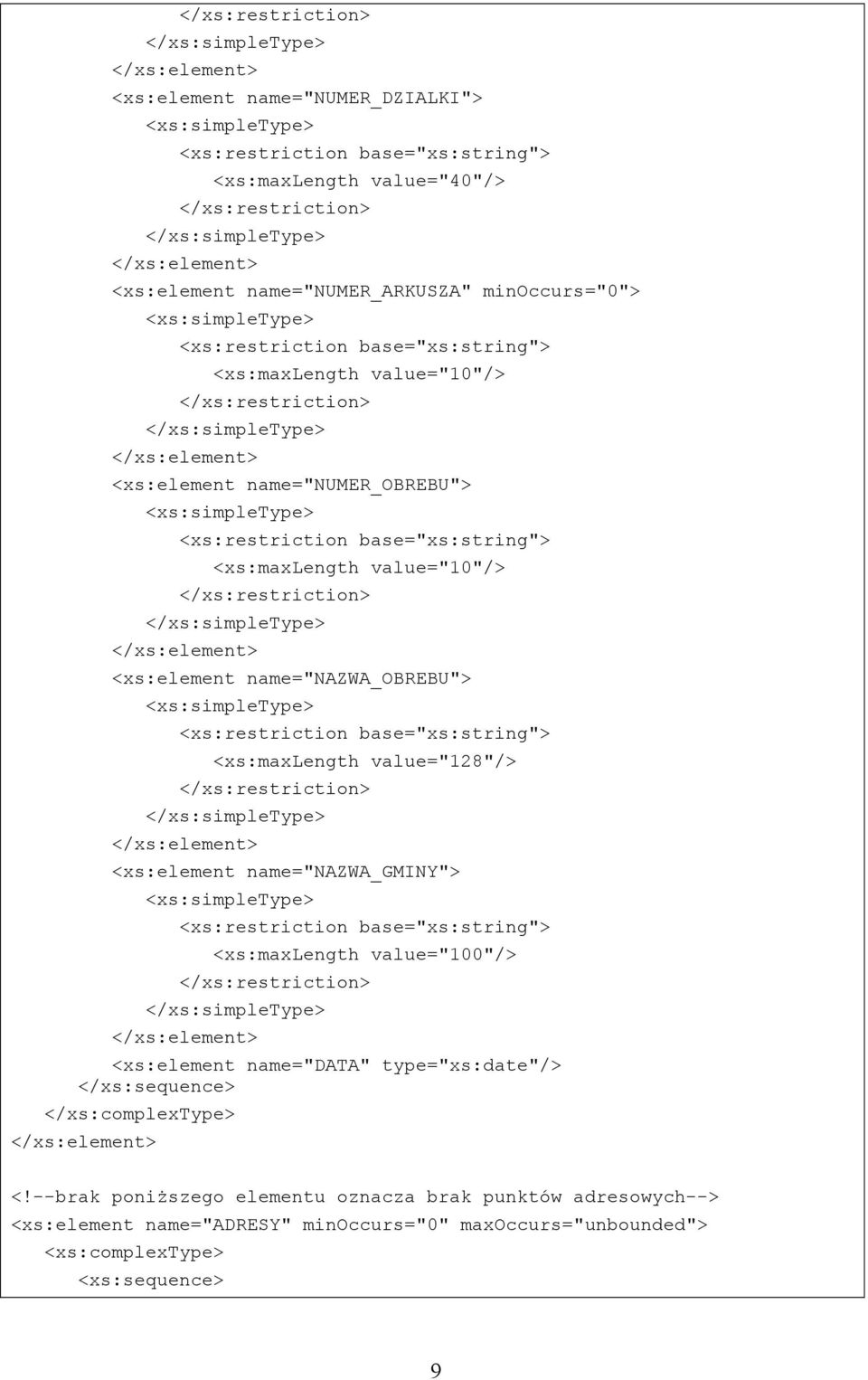 name="nazwa_gminy"> <xs:maxlength value="100"/> <xs:element name="data" type="xs:date"/> </xs:sequence> </xs:complextype> <!