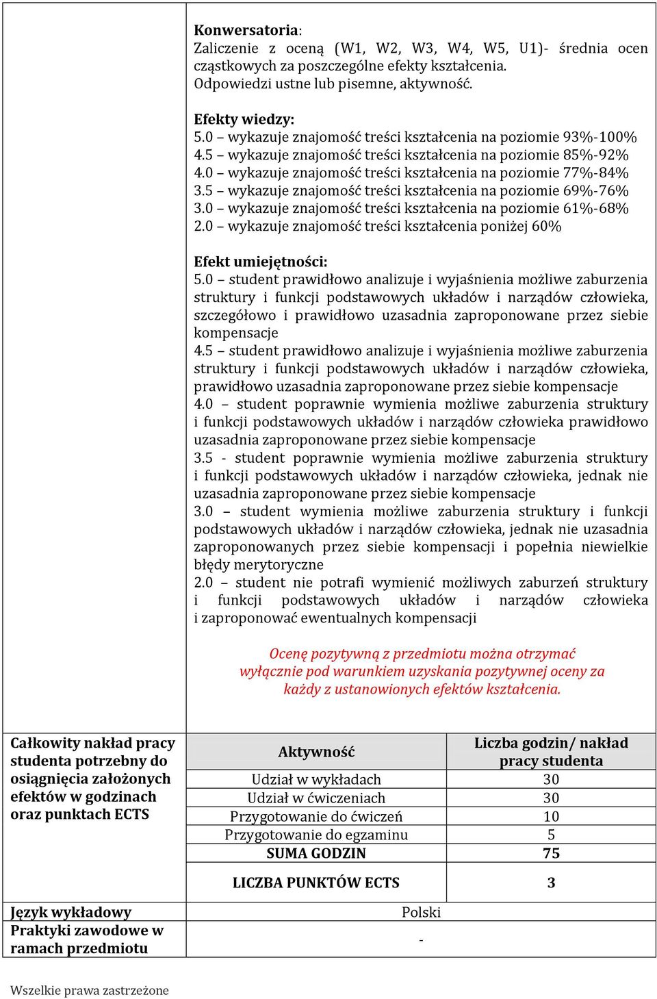 5 wykazuje znajomość treści kształcenia na poziomie 69%-76% 3.0 wykazuje znajomość treści kształcenia na poziomie 61%-68%.0 wykazuje znajomość treści kształcenia poniżej 60% Efekt umiejętności: 5.