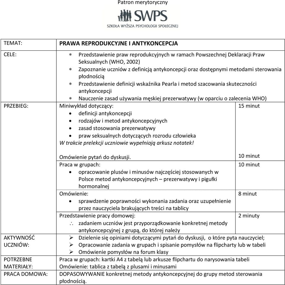 WHO) PRZEBIEG: Miniwykład dotyczący: 15 minut definicji antykoncepcji rodzajów i metod antykoncepcyjnych zasad stosowania prezerwatywy praw seksualnych dotyczących rozrodu człowieka W trakcie