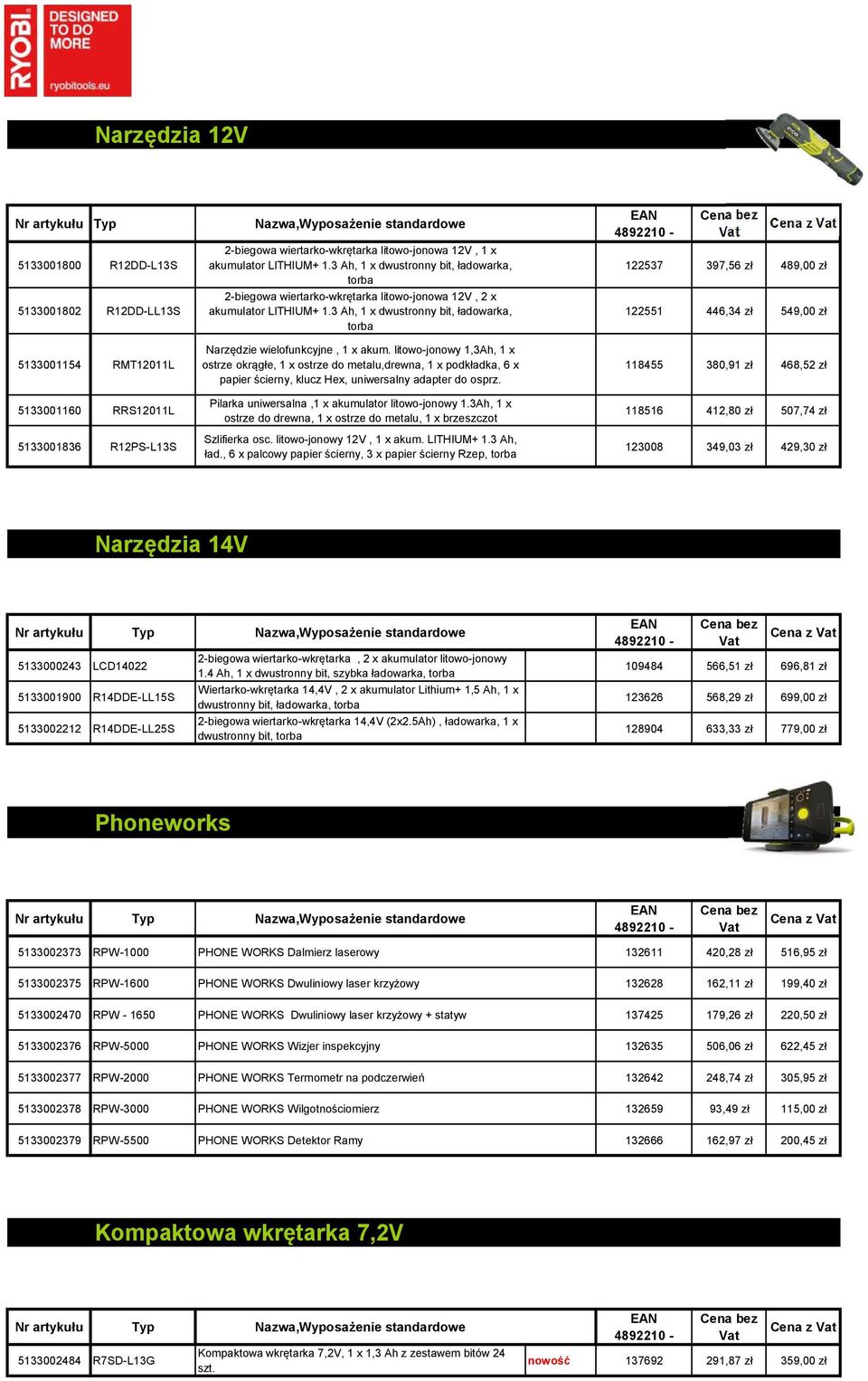 3 Ah, 1 x dwustronny bit, ładowarka, torba Cena z 122537 397,56 zł 489,00 zł 122551 446,34 zł 549,00 zł 5133001154 RMT12011L 5133001160 RRS12011L 5133001836 R12PS L13S Narzędzie wielofunkcyjne, 1 x
