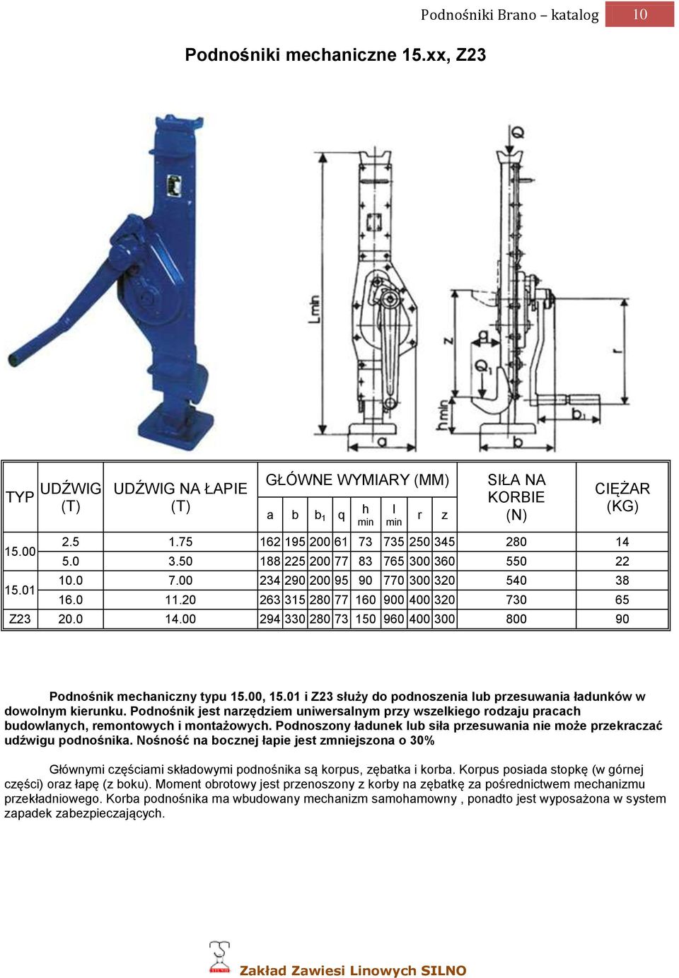 00, 15.01 i Z23 służy do podnoszenia lub przesuwania ładunków w dowolnym kierunku. Podnośnik jest narzędziem uniwersalnym przy wszelkiego rodzaju pracach budowlanych, remontowych i montażowych.