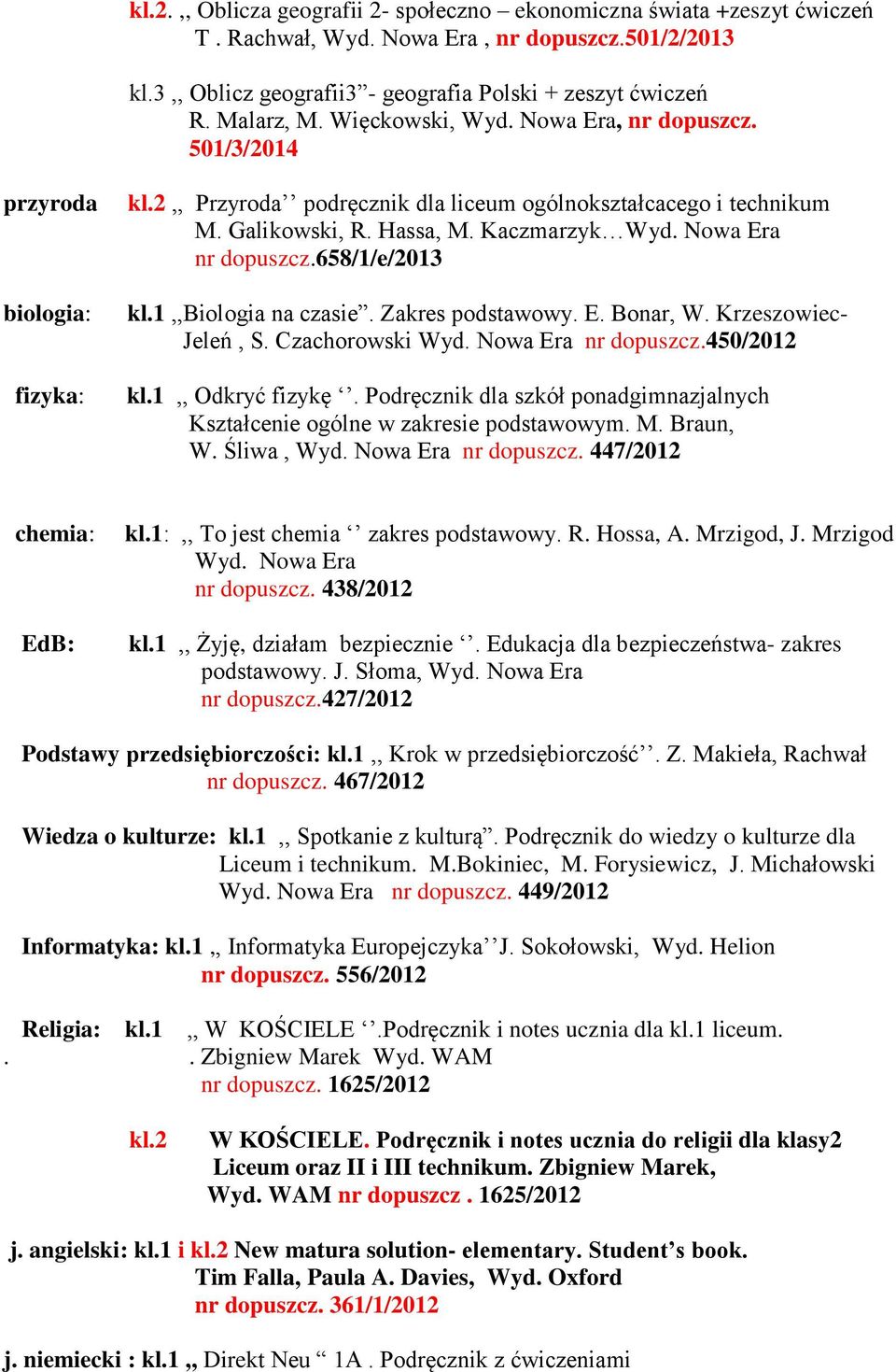 Nowa Era nr dopuszcz.658/1/e/2013 kl.1,,biologia na czasie. Zakres podstawowy. E. Bonar, W. Krzeszowiec- Jeleń, S. Czachorowski Wyd. Nowa Era nr dopuszcz.450/2012 kl.1,, Odkryć fizykę.