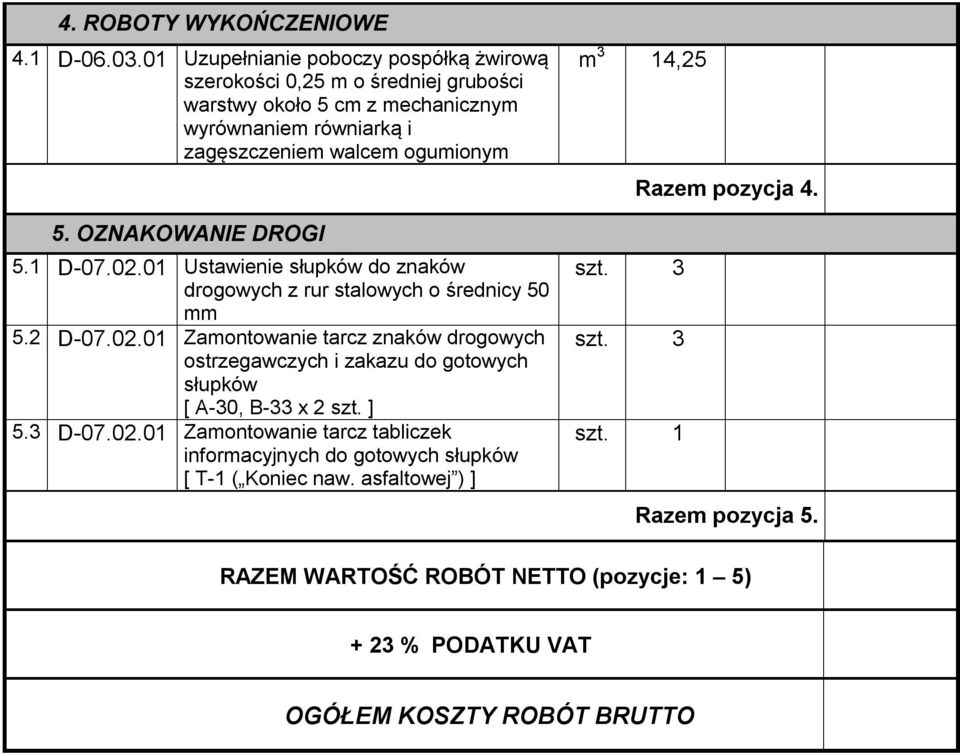 OZNAKOWANIE DROGI 5.1 D-07.02.01 Ustawienie słupków do znaków drogowych z rur stalowych o średnicy 50 mm 5.2 D-07.02.01 Zamontowanie tarcz znaków drogowych ostrzegawczych i zakazu do gotowych słupków [ A-30, B-33 x 2 szt.