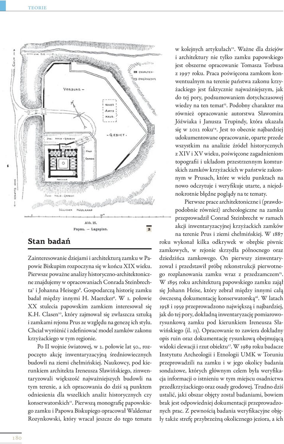 połowie XX stulecia papowskim zamkiem interesował się K.H. Clasen 10, który zajmował się zwłaszcza sztuką i zamkami rejonu Prus ze względu na genezę ich stylu.