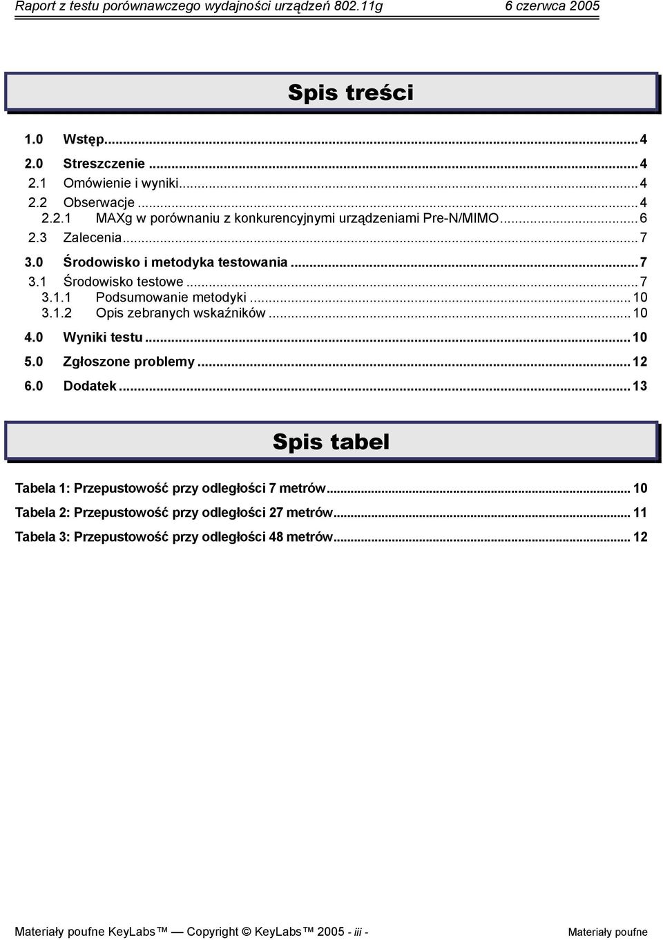 ..10 4.0 Wyniki testu...10 5.0 Zgłoszone problemy...12 6.0 Dodatek...13 Spis tabel Tabela 1: Przepustowość przy odległości 7 metrów.