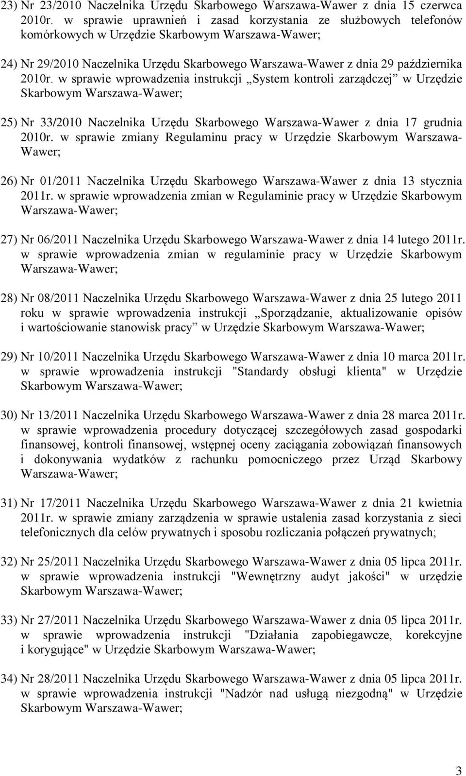 w sprawie wprowadzenia instrukcji System kontroli zarządczej w Urzędzie Skarbowym 25) Nr 33/2010 Naczelnika Urzędu Skarbowego Warszawa-Wawer z dnia 17 grudnia 2010r.