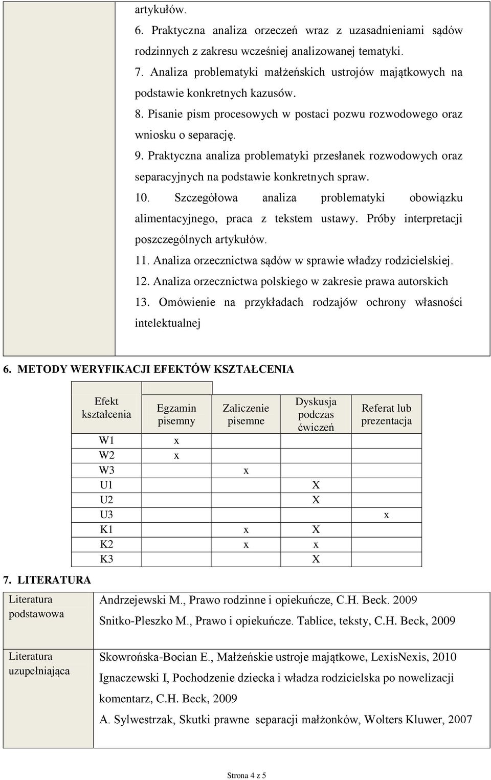 Praktyczna analiza problematyki przesłanek rozwodowych oraz separacyjnych na podstawie konkretnych spraw. 10. Szczegółowa analiza problematyki obowiązku alimentacyjnego, praca z tekstem ustawy.